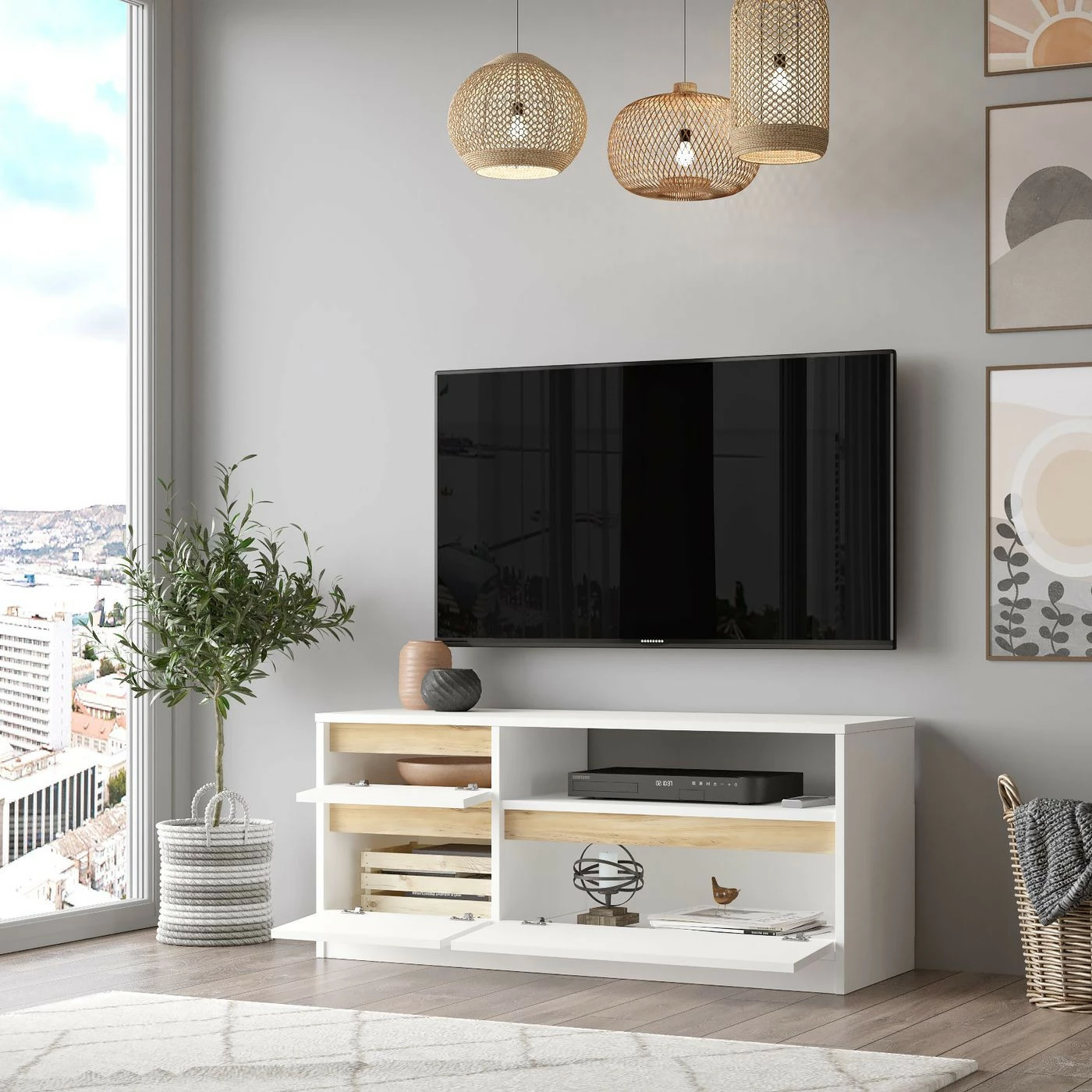 TV-taso Linento Furniture LV7, Valkoinen/ruskea 5 TV-taso Linento Furniture LV7, Valkoinen/ruskea - Image 5